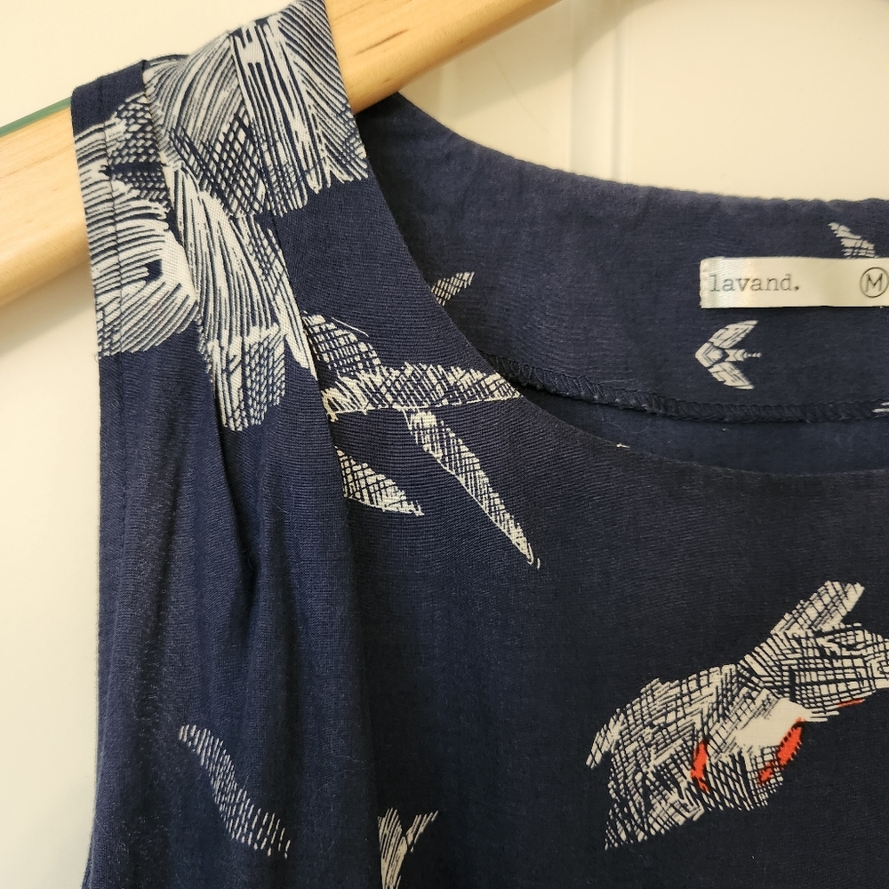 Lavand Navy Blue Dress White Orange Print Sleeveless Cutout Back Mini Medium - Picture 6 of 16
